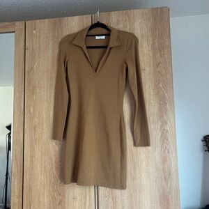 Babaton Long Sleeve V-Neck Polo Dress in Brown
